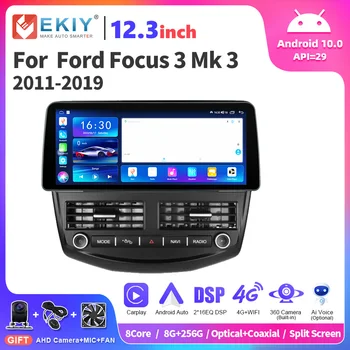 EKIY12.3 인치 안드로이드 자동차 라디오, 포드 포커스 3 Mk 3 2011-2019 스테레오 멀티미디어 플레이어, 2 Din 네비게이션 GPS 4G 와이파이 DSP DVD 없음  Best5