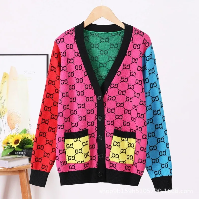 

Sweater cardigan small fragrance style V-neck color blocked pocket long sleeved knitted cardigan women's fashionable loose top