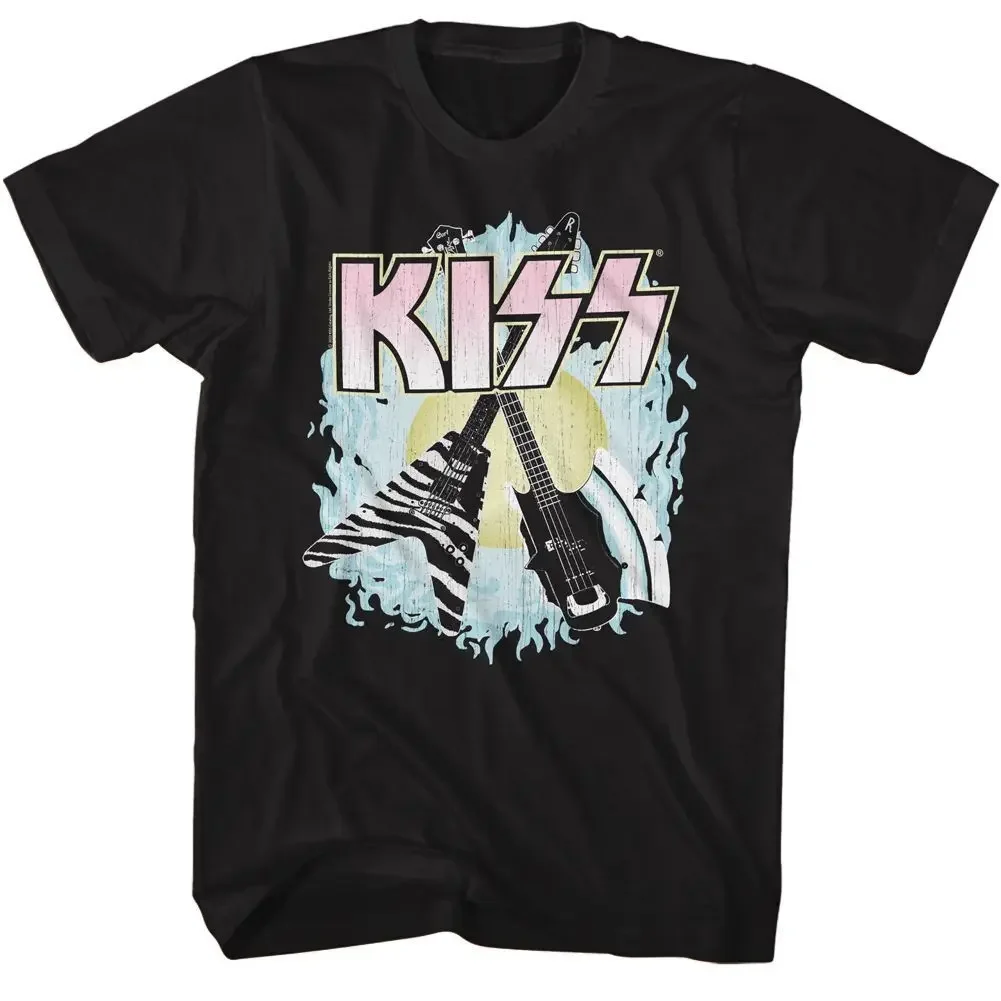 Kiss Two Guitars Black Rock And Roll Music Band T Shirt