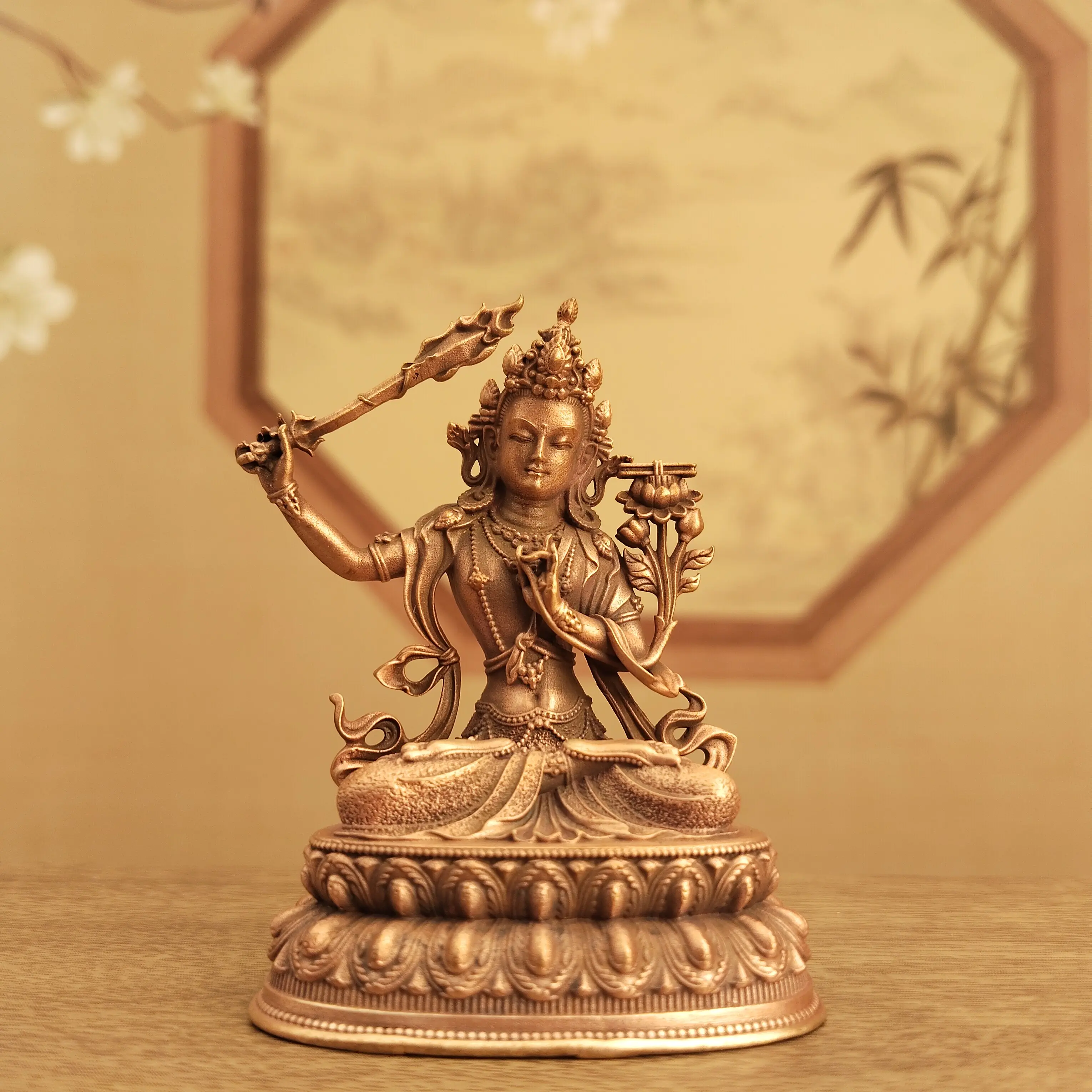 Copper Manjushri with Wisdom Sword Portable Small Statue 6cm Altar Car Office Blessing