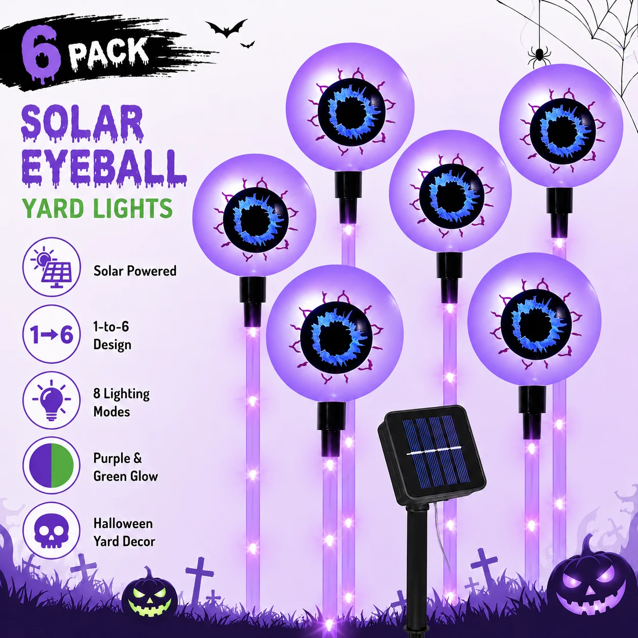 1Set 6pcs Halloween Solar Eyeball Stake Lights Outdoor Pathway Yard Lights With 8 Modes For Lawn Walkway Porch Patio Party Decor