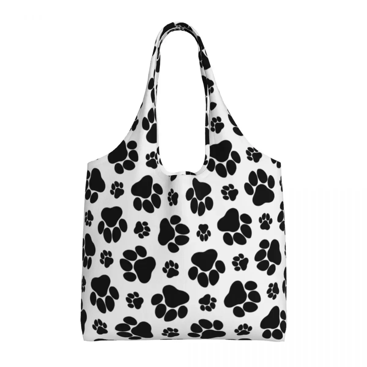 Pet Dog Black Paw Pattern Grocery Shopping Bags Kawaii Printing Canvas Shopper Tote Shoulder Bag Big Capacity Durable Handbag