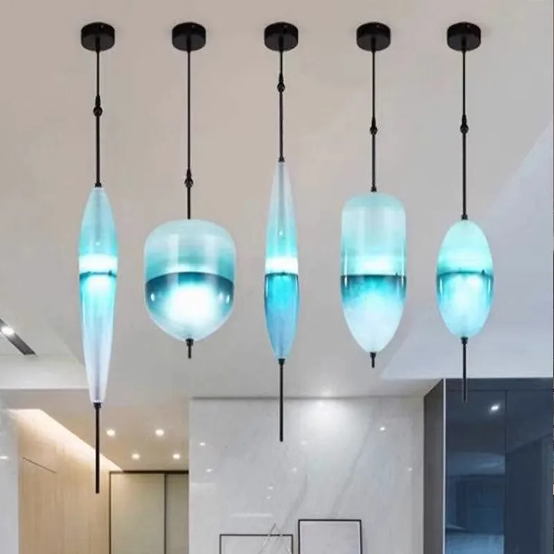 Moderne einfache See blau Farbverlauf Glas Pendelleuchte Designer Modell Zimmer Schlafzimmer Restaurant Bar LED Kronleuchter Home Decor Licht