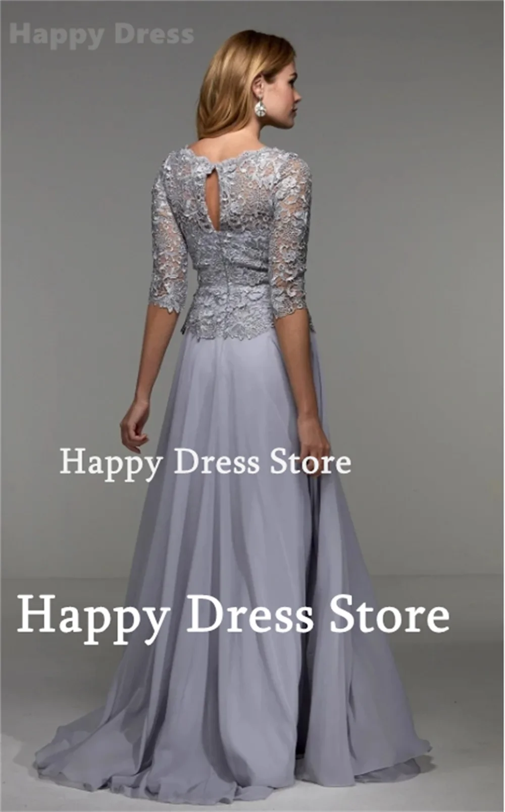 New Grey Mother Dress Formal Dress O-Neck Half-Sleeves A-Line Lace and Chiffon Wedding Party Dress For Women Evening Dresses