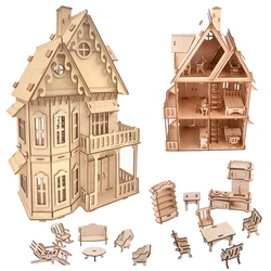 3D Wooden Puzzle Doll House Villa Model DIY Assembled Miniature Dollhouse Furniture Girls Pretend Play Toys For Children Kids
