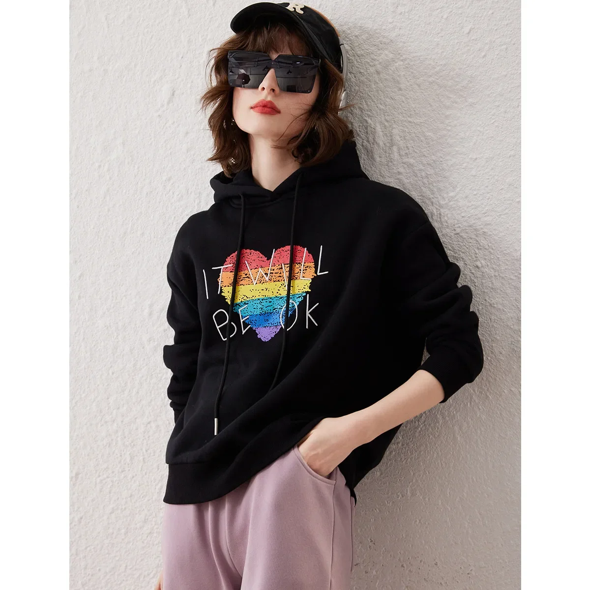 LOUIS YAO 2025 Winter Thick Velvet Sweatshirt Heart Pattern Hoodie Gradient Printed Letter Embroidered Women's Hoodie