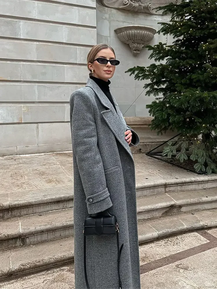 Autumn Grey Lapel Single Breasted Women\'s Long Wool Coat Chic Street Padded Shoulder Long Sleeve Jacket Female New Outerwear