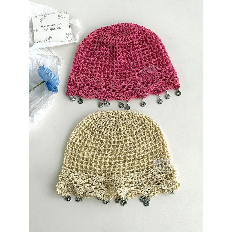 Korean Hand Woven Hollow Head Wrap Cap Ice Silk Knitted Pullover Hat Breathable Versatile Beanie Cap for Women Summer