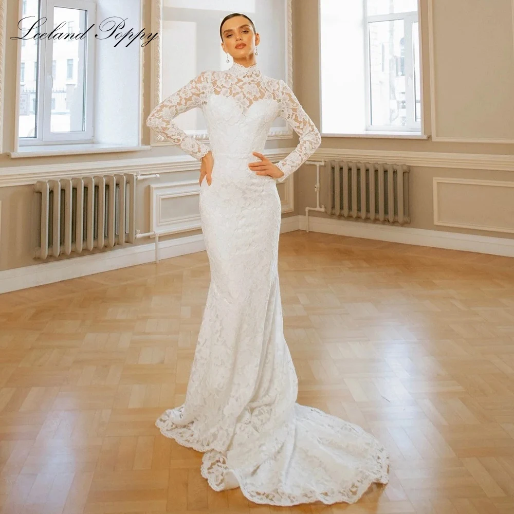 أيسلندا الخشخاش مخصص الرقبة العالية الدانتيل حورية البحر فساتين الزفاف الأكمام الكاملة أثواب الزفاف مع قطار المحكمة