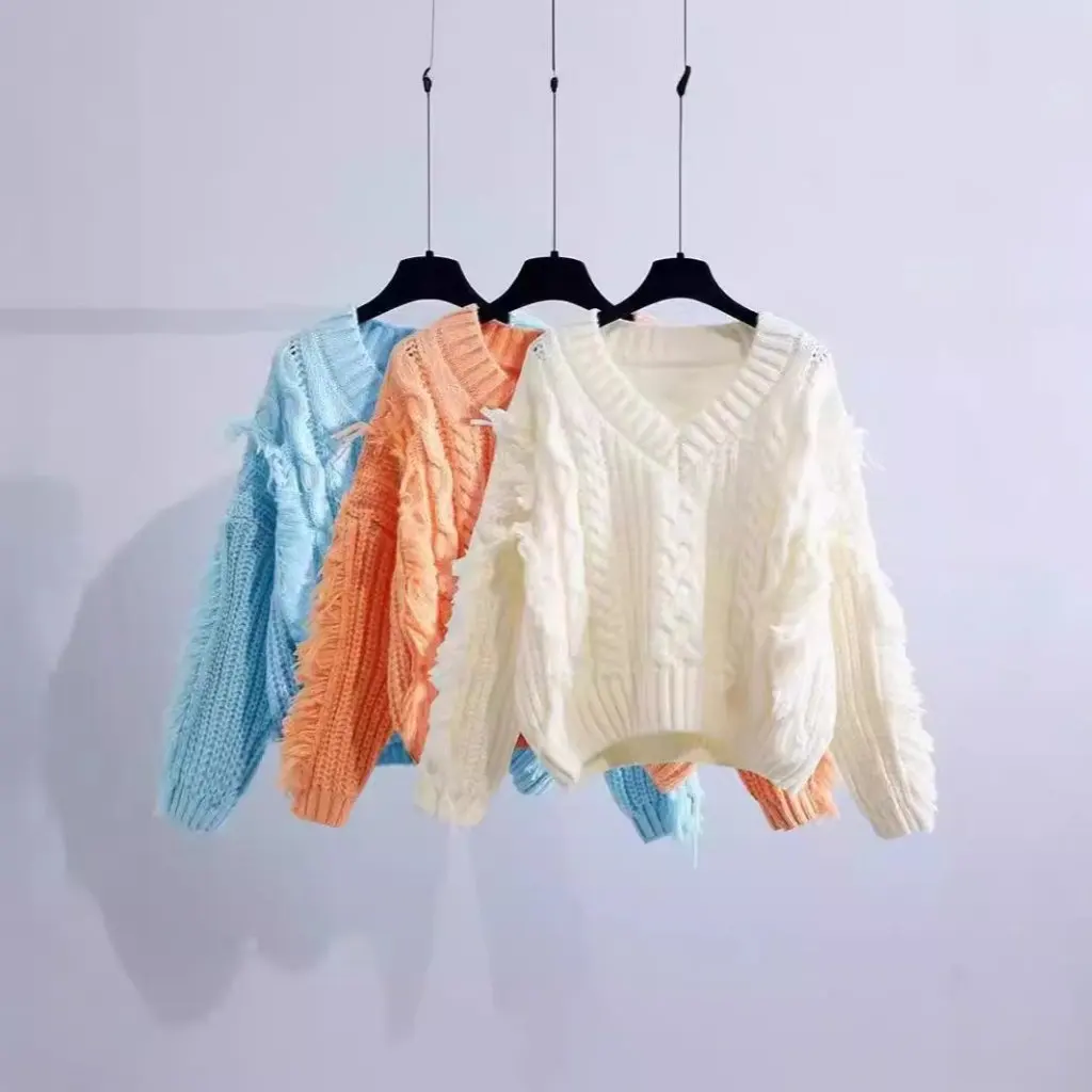 

Women's V-neck Tassel Twist Sweater Korean Style Loose Slimming Solid Color Fashionable Autumn Winter Outer Wear