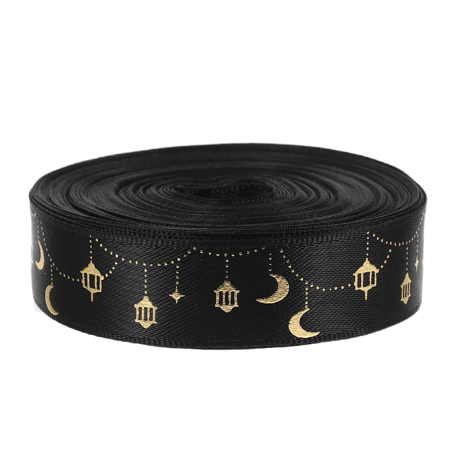 1 Roll Ramadan Moon Star Polyester Ribbon Eid Mubarak Decor Wrapping Crafts Islamic Party Favor Decoration Festival Ribbons