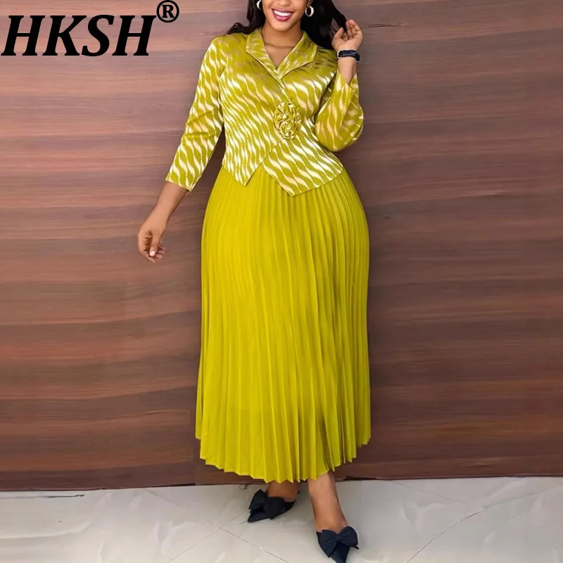 

Новое женское платье HKSH 2026 весна, имитация двухслойного платья, с отложным воротником, принтом, приталенное, плиссированное, элегантное, длинное, в стиле Ins, HK19035