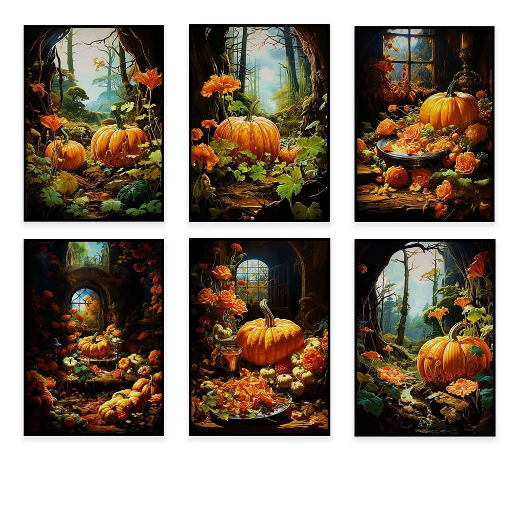 

Autumn Pumpkin Poster, Yellow Leaves Autumn Landscape Wall Art Print Pumpkin Painting Halloween Picture Living Room Home Decor