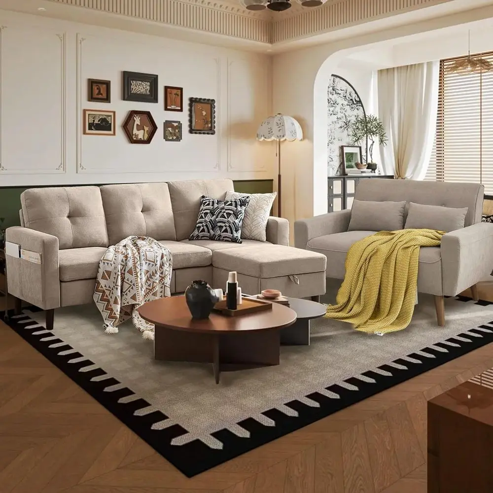 

79 Green Polyester L-Shaped 3-Seat Sofa with Reversible Chaise and Loveseat