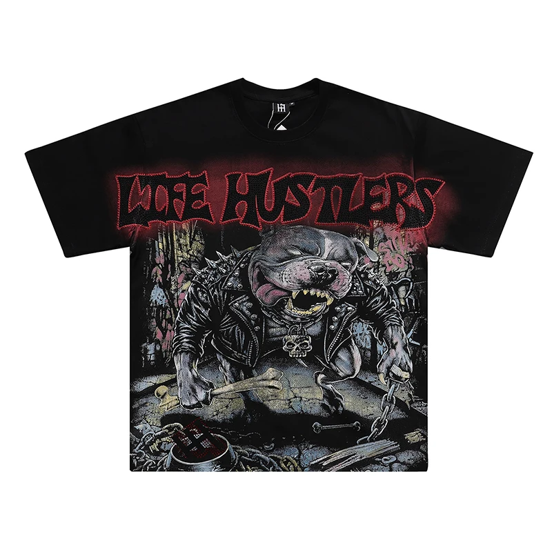 26ss Men Women LIFE HUSTLERS Top T-shirt Cartoon Dog Print Hot Diamond Design Loose Round Neck Short Sleeve Street Hip Hop Style