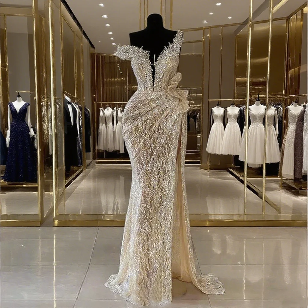 

Luxury Off Shoulder Sequined Beading Sleeveless Pleat Mermaid Formal Evening Dresses Birthday Party Prom Gowns Customized