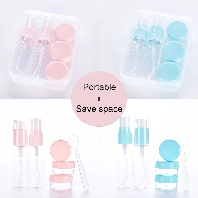 Travel Kit 5Pcs Refillable Bottle Set with Box Plastic Spray Lotion Bottle Cream Jar Cosmetic Container Can Carry On The Plane