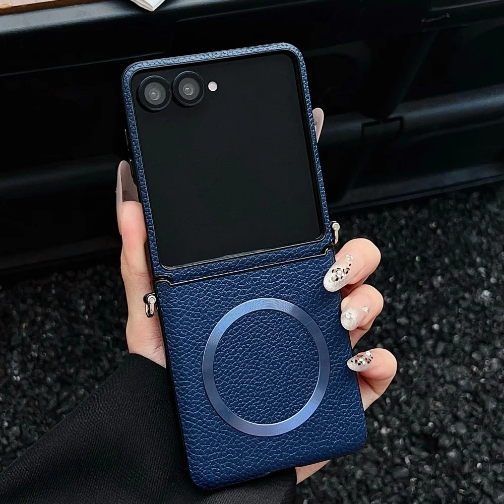 Luxury Lychee Pattern Leather Magnetic Wireless Charging Case For Samsung Galaxy Z Flip 8 7 6 5 4 Soft Bumper Shockproof Cover