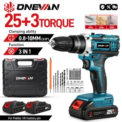 ONEVAN-taladro de impacto eléctrico sin escobillas, 13MM, 650NM, destornillador inalámbrico, taladro de carga de batería de litio para batería Makita de 18V