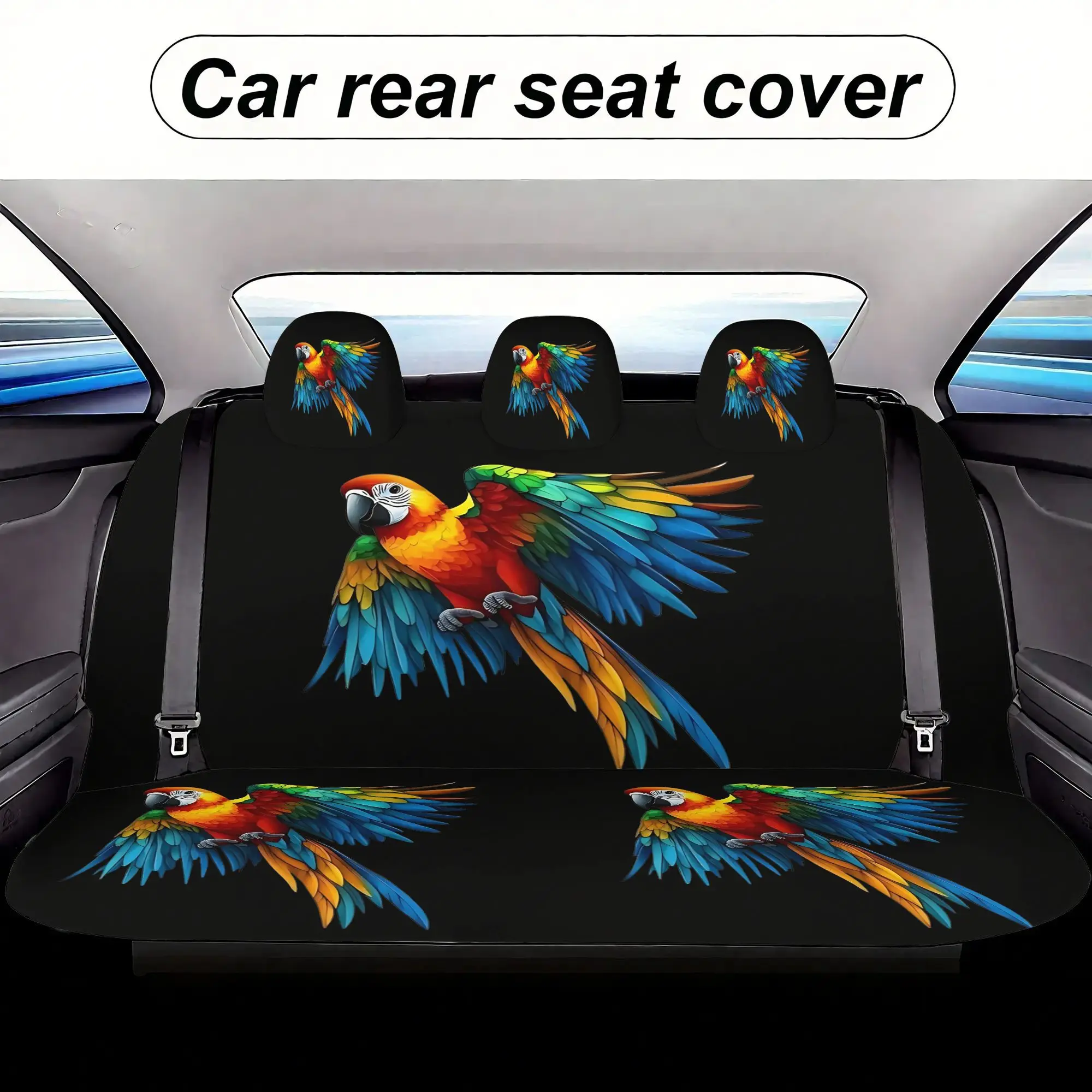 7pcs Flying Scarlet Macaw Parrot Universal Car Seat Covers With Prints Including 2 Front Seat Covers+ 1 Rear Seat Back Cover + 1