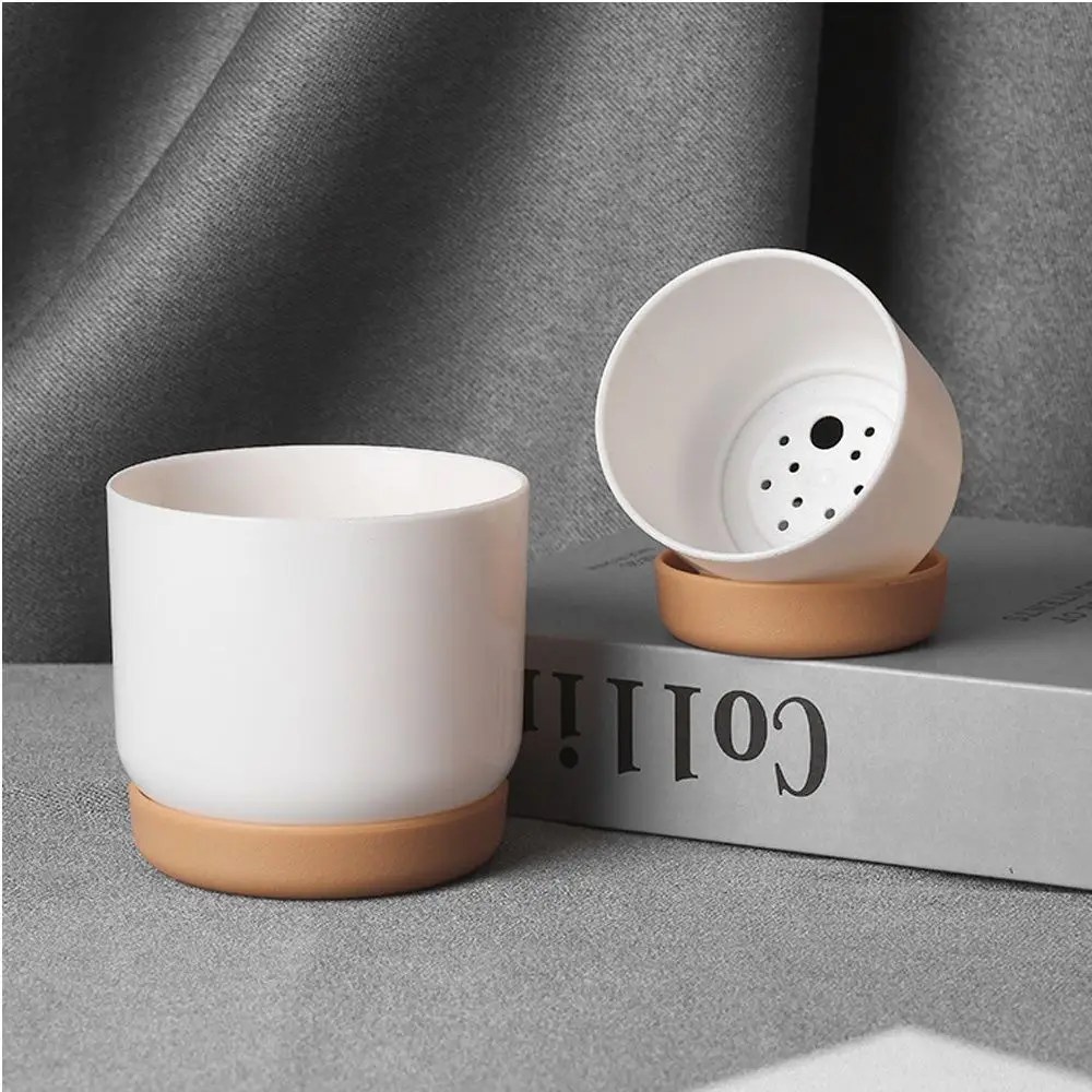 White Imitation Ceramic Flowerpot Round Self Watering Flower Pot Beautiful Orchid Pots Flower Containers Indoor Garden Supply