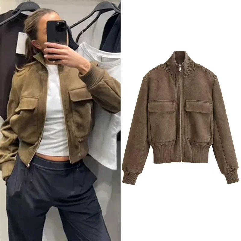 Women's coat New Stand Collar Zipper Pocket Short Pilot Jacket Vintage Casual Fashion Women's Top