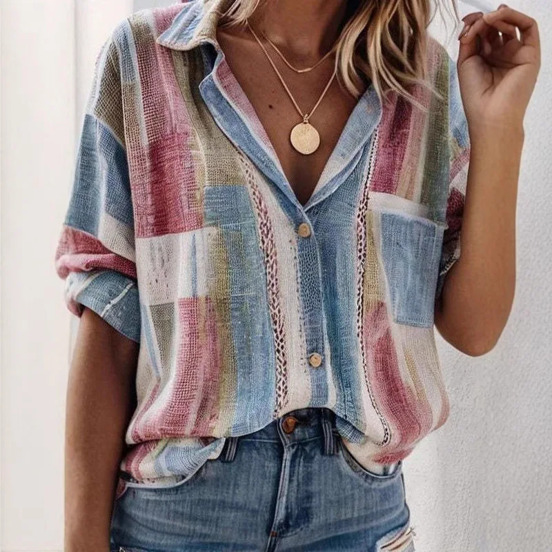 

317176New Plaid Top European and American 's Fashion Printed Slim Fit Turn-Down Collar Versatile Cotton Women's Shirt