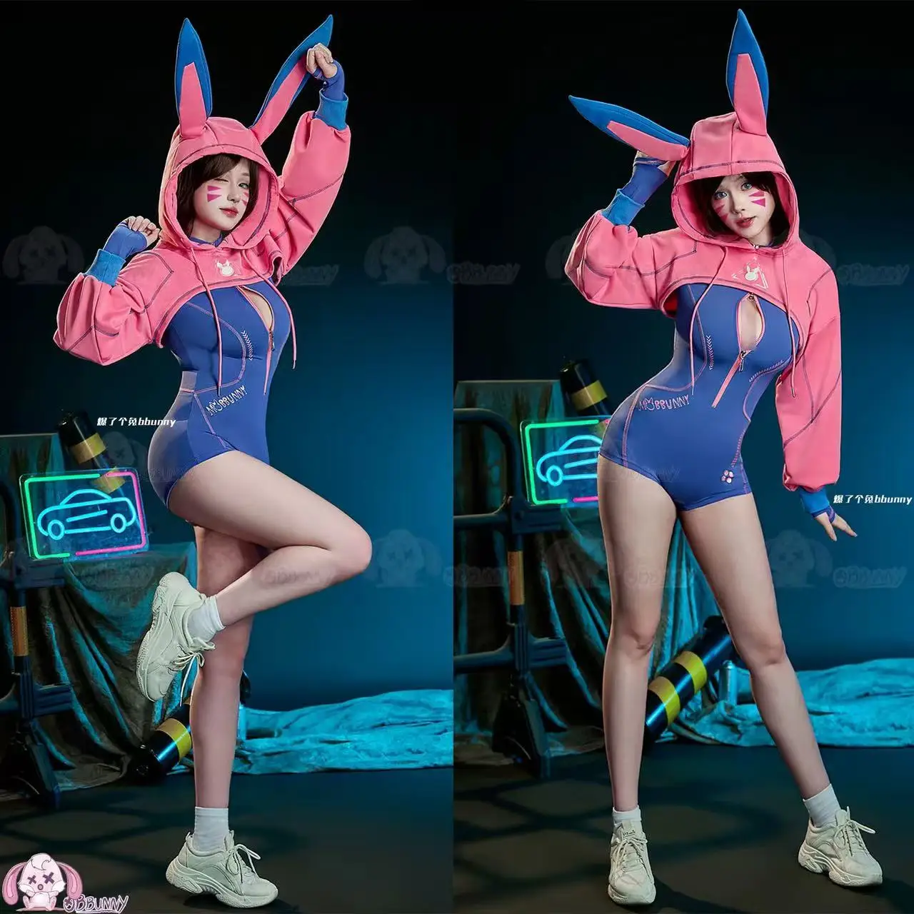 

Game D.V A Cosplay Costume Bunny Jumpsuit Women Sexy Lingerie Tight Sportswear Cyber Style Bodysuit with Hooded Short Jacket