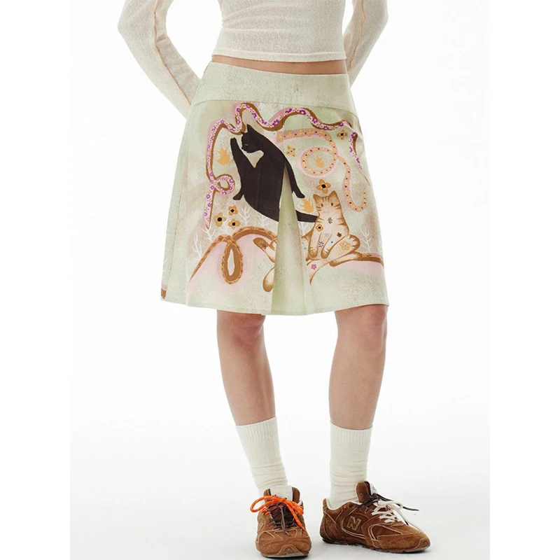 

Harajuku Cartoon Mini Skirt Women Y2K Streetwear Cat Print Skirts Summer Ladies Korean Aesthetic High Waist Design A Line Faldas