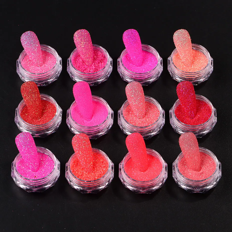 12 Boxen Red Candy Glitter Nagelstaub-Set Sparkle Holo Sweet Light/Dunkelrosa Nagelpulver Glänzendes Zucker-Nagelpigmentzubehör