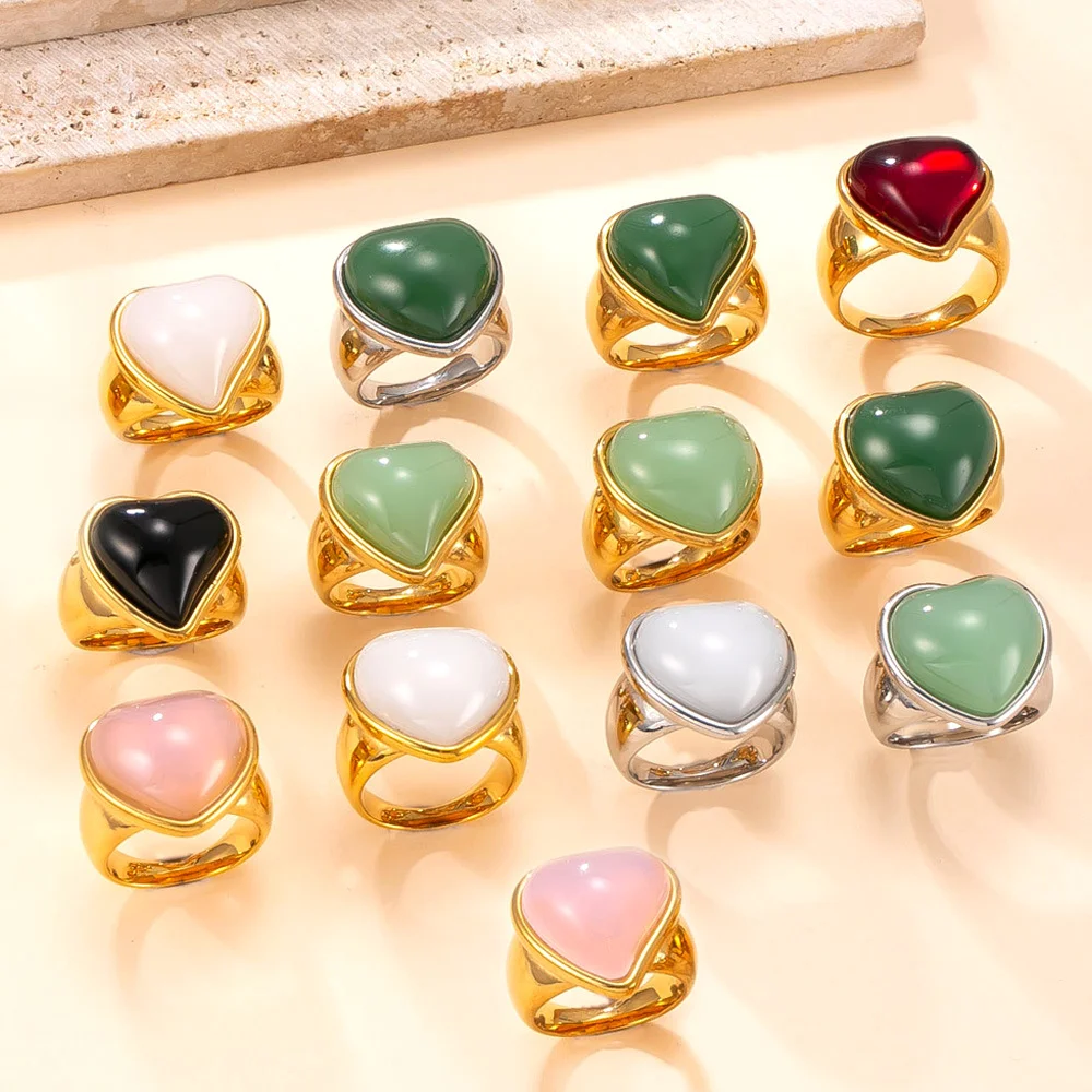 

Shell Acrylic Heart Natural Gemstone Stainless Steel Stylish Ring Women Charms Metal Texture Waterproof Golden Jewelry Gift