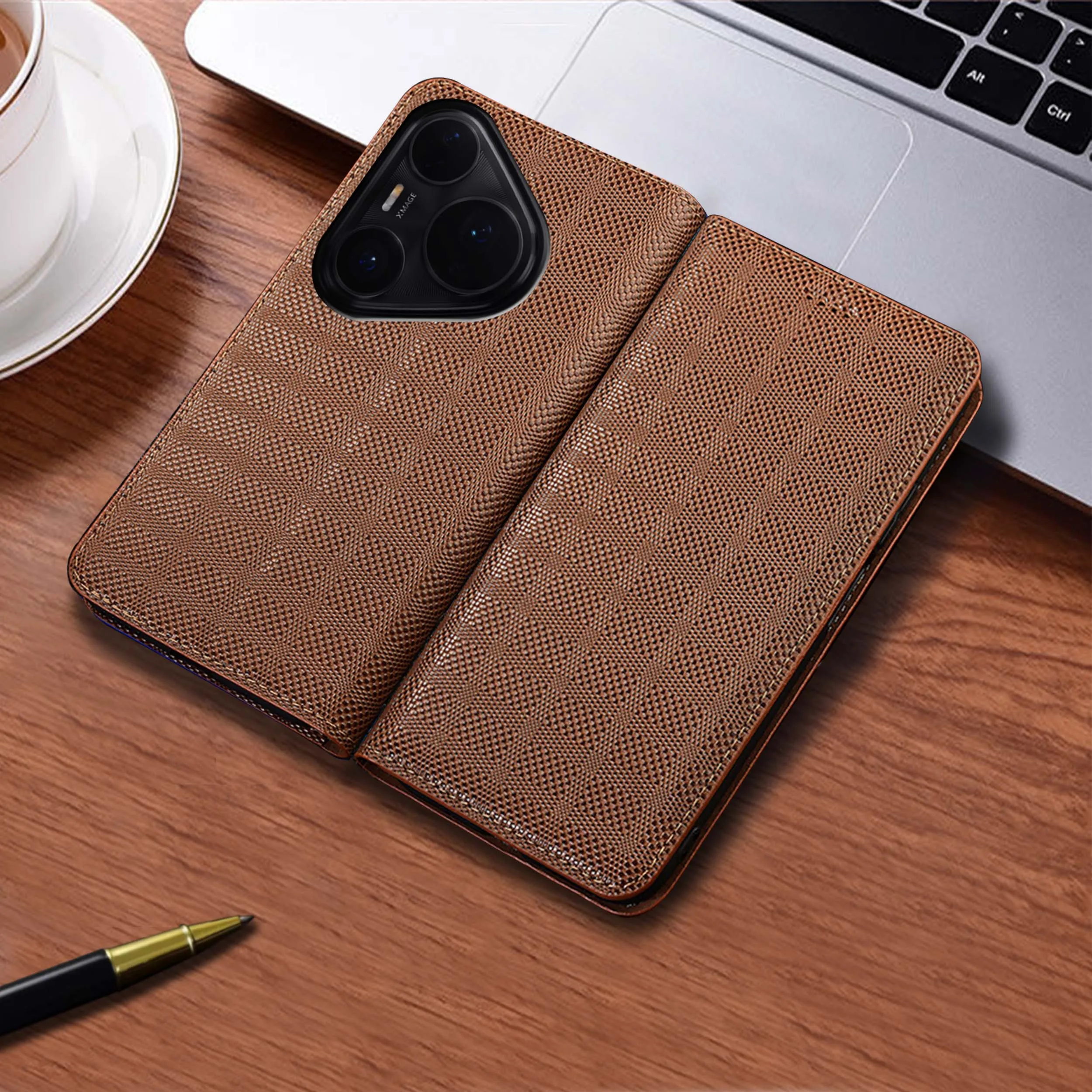 For Huawei P30 P40 P50 P50E P60 Pura 70 80 Pro Plus Ultra Lite Art Crosshatch Pattern Of Genuine Leather Flip Phone Case Cowhide