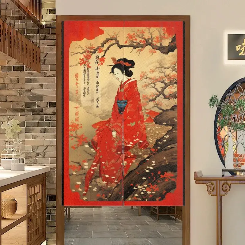 VIKAMA Japanese Ukiyo E Geisha Cherry Blossom Door Curtain Red Kimono Woman Sakura Calligraphy Art Linen Noren Bedroom Kitchen