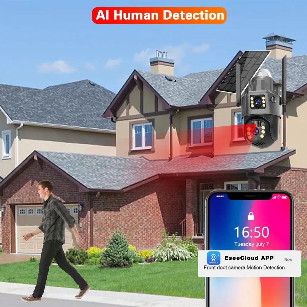 EseeCloud 앱 태양광 무선 보안 카메라, IP66 컬러 나이트 비전, 양방향 오디오, PIR 충전식 배터리, 태양 PTZ 카메라, 8MP