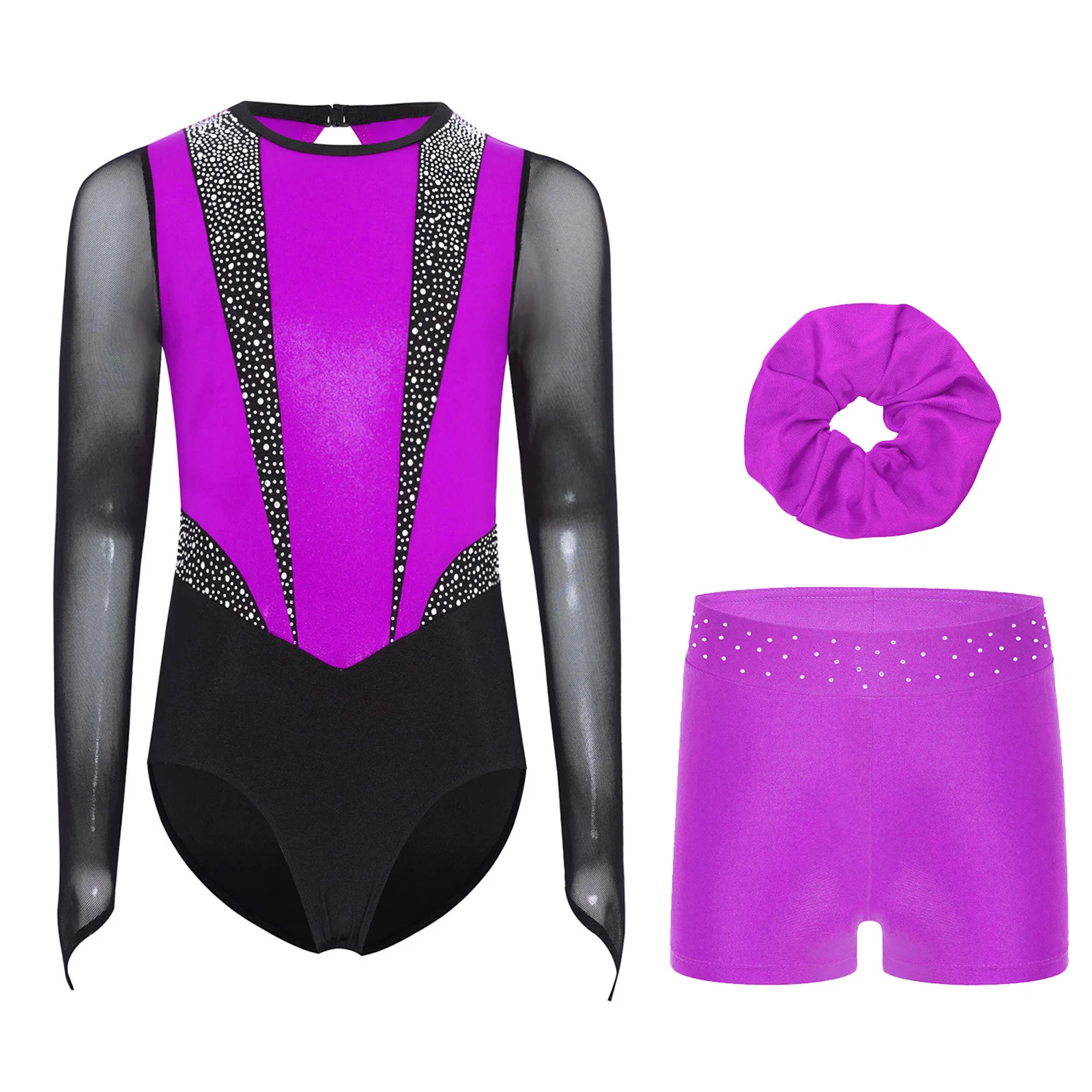 

3Pcs Kids Girls Gymnastics Figure Skating Dance Leotard Long Sleeves Keyhole Back Rhinestones Metallic Bodysuit+Shorts+Headwear