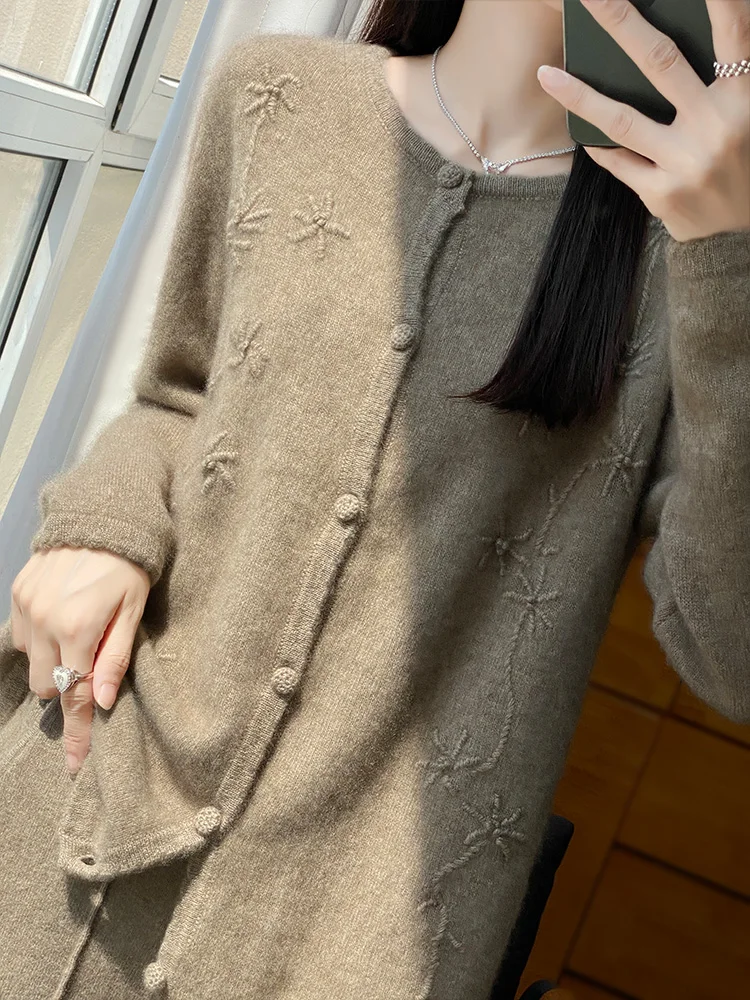 Women Sweater Cardigans O-neck 100% Merino Wool Knitwear Chinese Style Embroider Cashmere Vintage Grace Soft Spring Autumn Tops