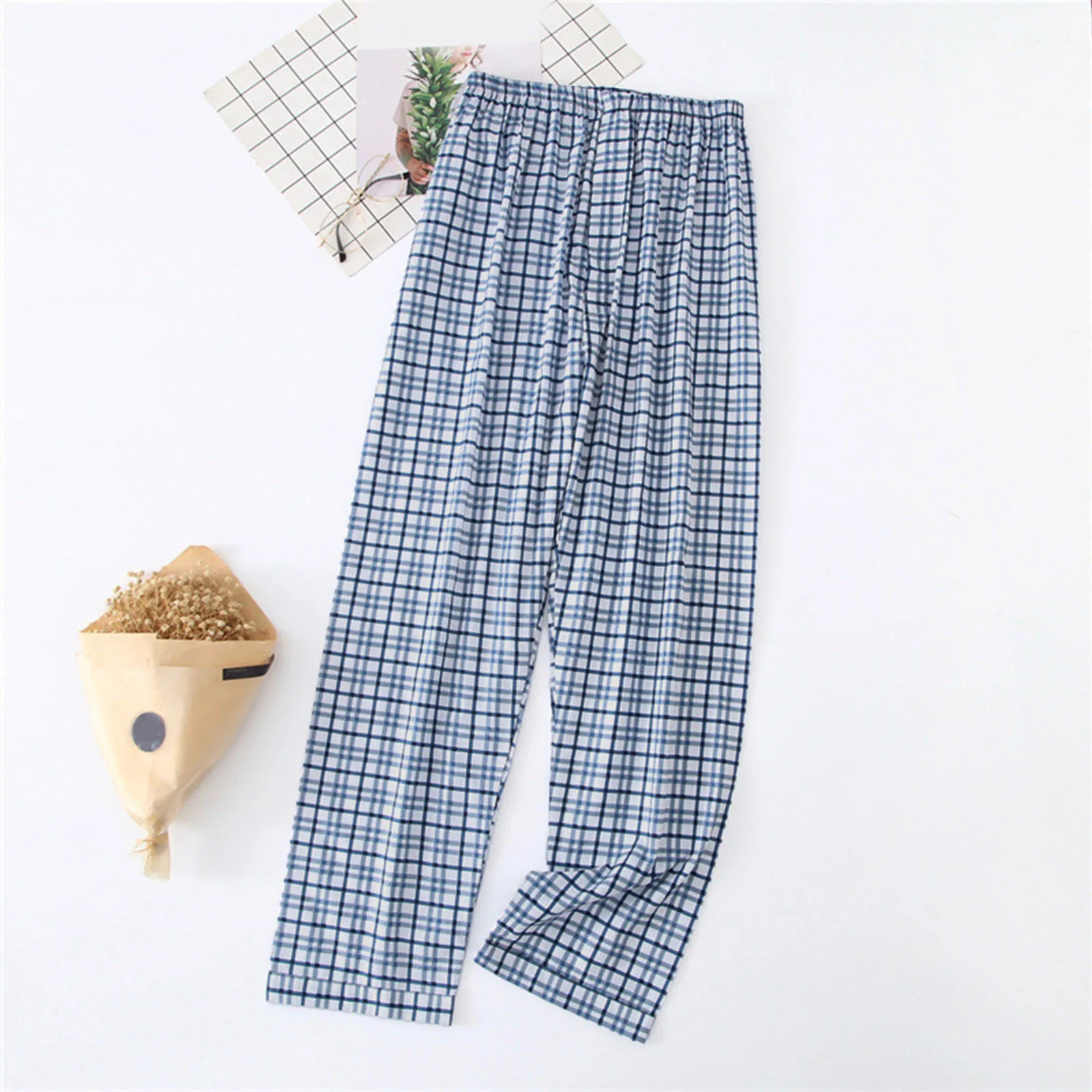 Men’s 100%Cotton Plaid Pajama Long Sleeping Pants Male Casual Loose Trousers Loungewear Cozy Breathable Sleep Bottoms Nightwear