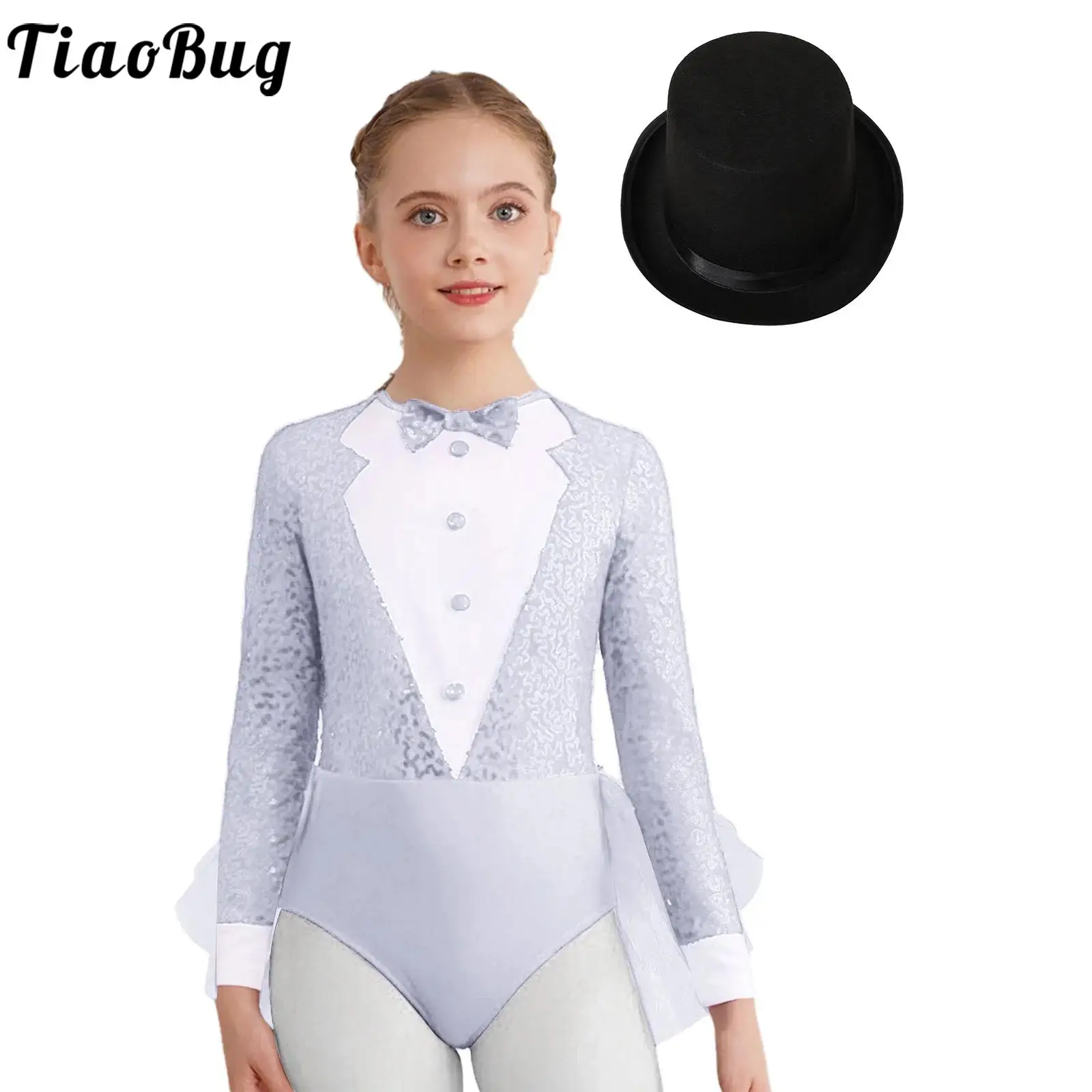 

Kids Girls Jazz Dance Costume Magician Outfit Ballet Tutu Dancewear Long Sleeve Sequins Bodice Tulle Skirted Leotard with Hat
