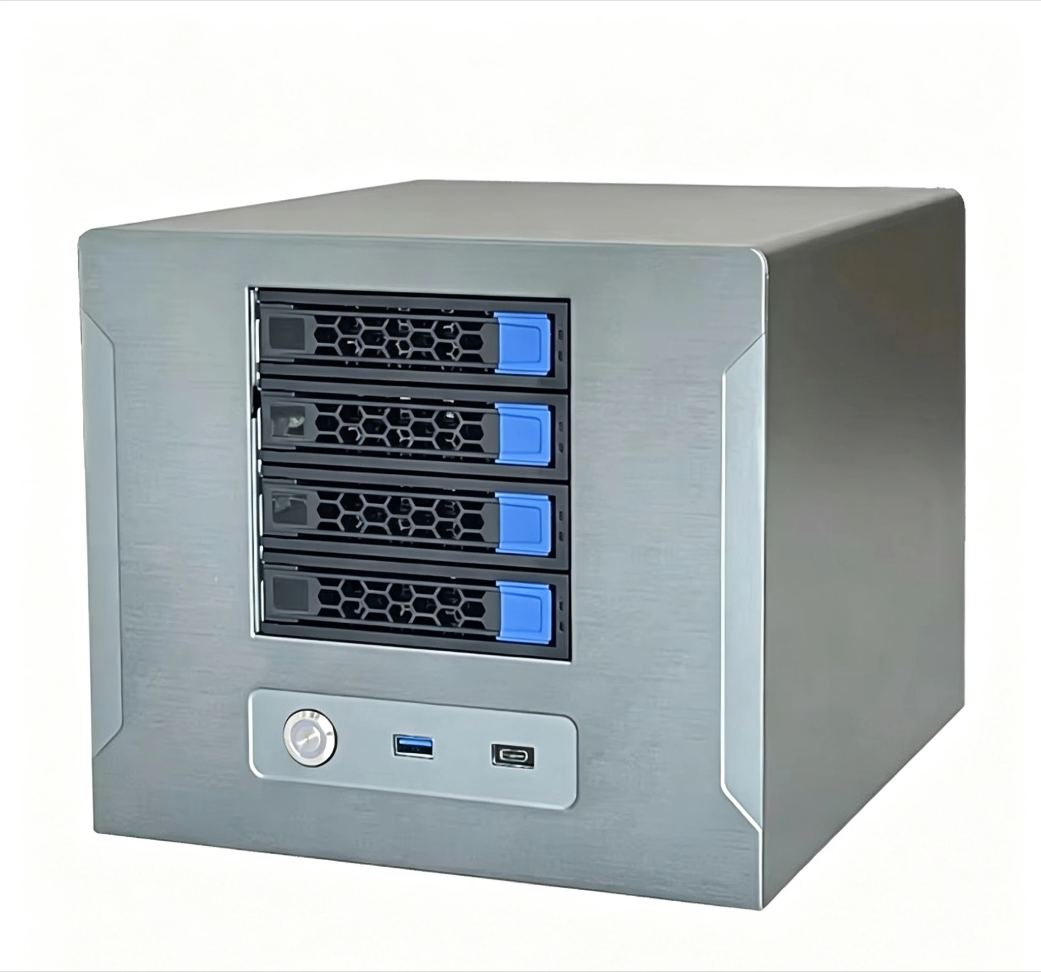4-Bay NAS Storage Server Case, Mini-ITX Tower Chassis, Steel Housing with Front USB Type-C Interface & Cooling Fan