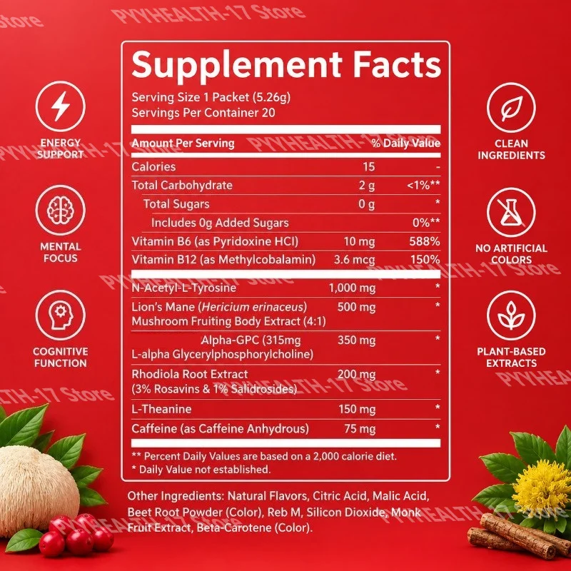 Adaptogenic Drink Mix Powder Packets with N-Acetyl-L-Tyrosine, Lion's Mane, Alpha-GPC, L-Theanine Pineapple Flavor 20 Packets