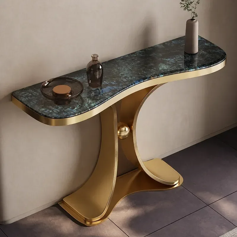 Modern Light Luxury Entrance Cabinet Against Wall Living Room Foyer Console Table with Shelf Stone End View Entryway Storage