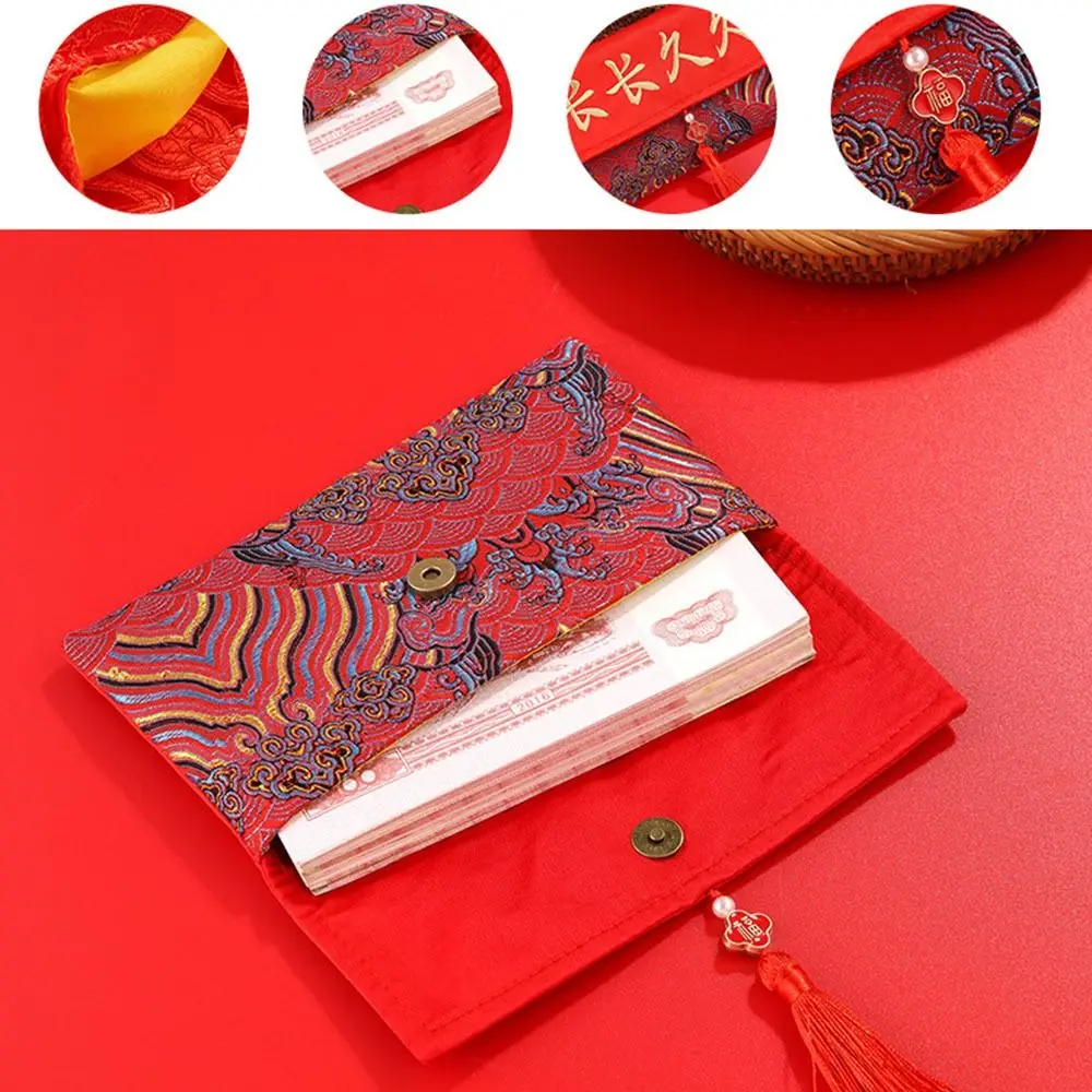 Múltiples patrones dinero bolsillo borla longevidad diseño de bloqueo bolsa de bendición de Año Nuevo HongBao bordado brocado sobre rojo