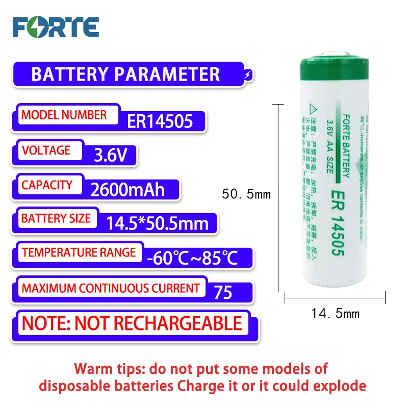 Forte ER14505 AA with Welding Foot Disposable Lithium Battery 3.6V Smart Water Meter Patrol Stick IC Card Type Non-rechargeable