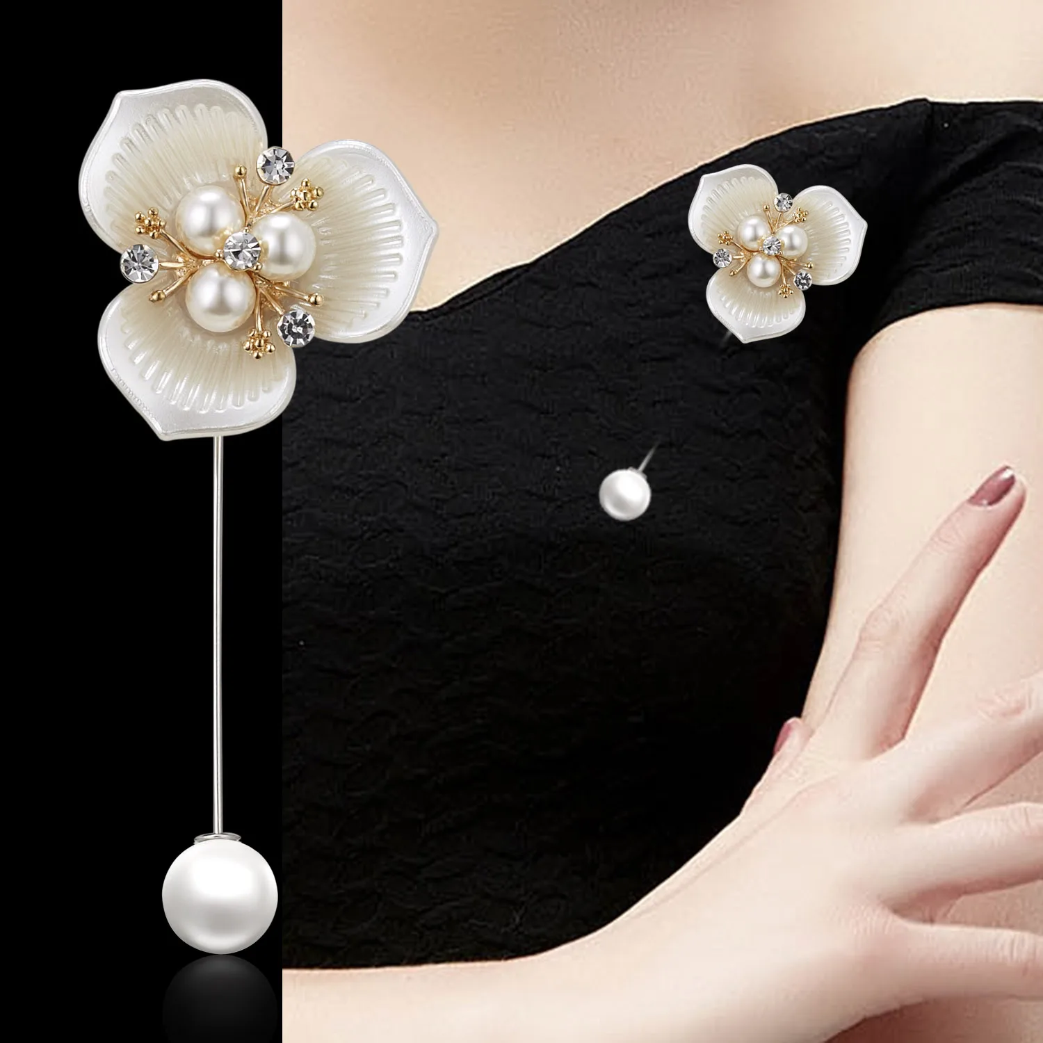 Rinhoo Imitation Perle Shell Kamelie Blume Brosche Für Frauen Weiß Blumen Blütenblatt Bouquet Lange Nadel Hemd Kragen Revers Pin Geschenk – Detail 33