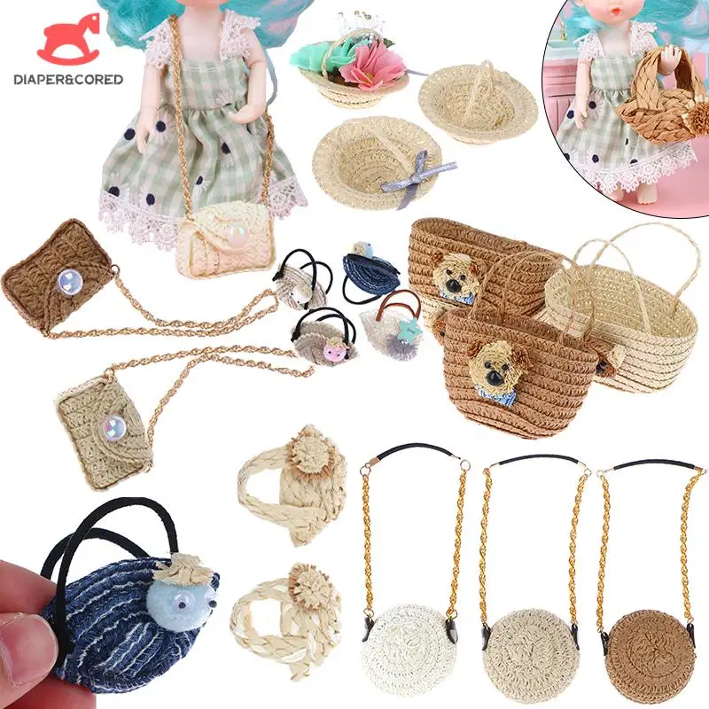 1/6 1/12 Dollhouse Round Woven Shoulder Bag Mini Dolls Straw Crossbody Bags For Dolls Miniature Decoration Accessories