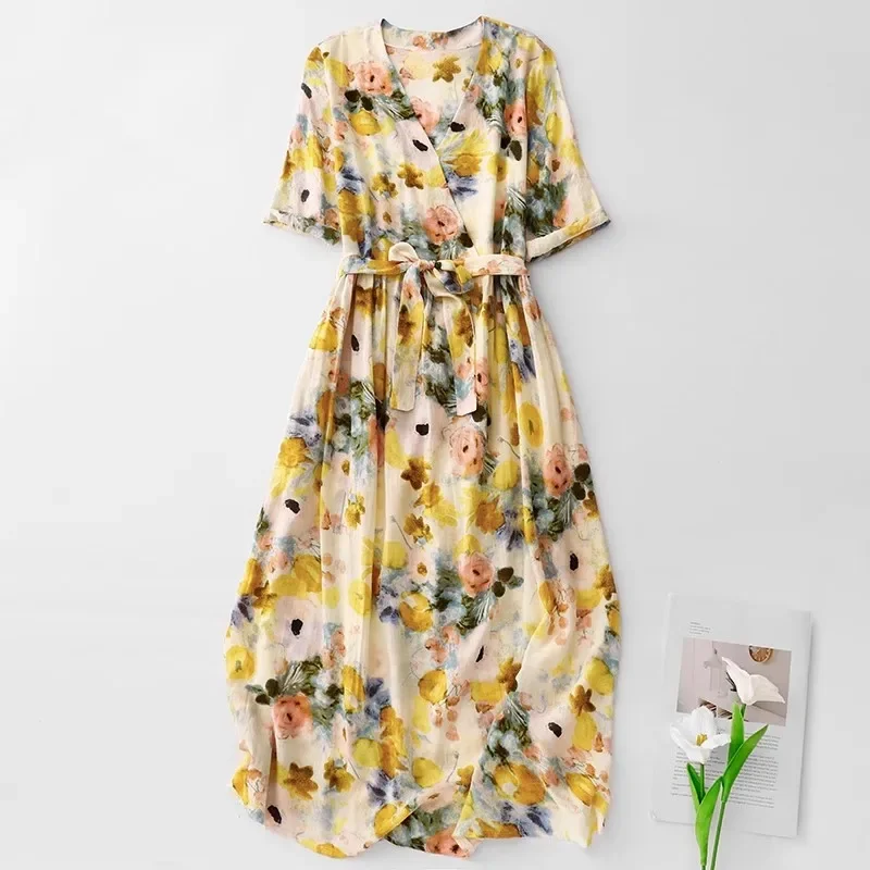 

Pop Women Floral Print Dresses New Summer Elegant V-Neck Lace Up Midi Dress Bohemian Holiday Beach Sundress