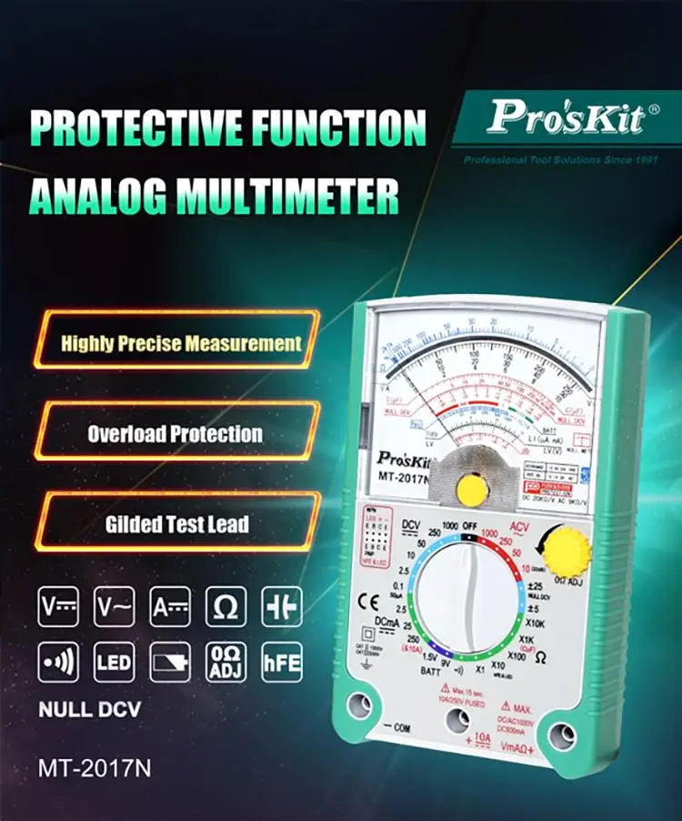 Pro'sKit MT-2017N Protective Function Analog Multimeter dial Robust protective holster alongside, built-in stand