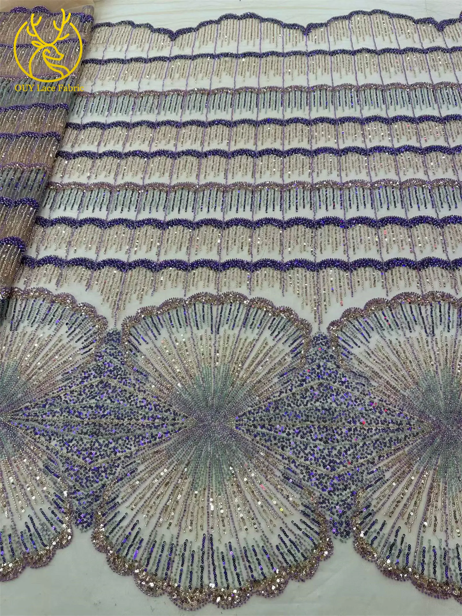 Luxuriöser Gold-Lila Afrikanischer Perlen-Pailletten-Spitzenstoff 5 Yards Exquisiter Französischer Nigerianischer Tüll-Spitzenstoff für Abendkleider und Hochzeitskleider – Detail 8