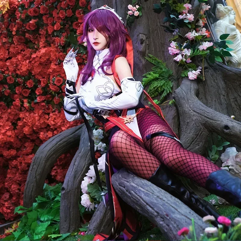 Genshin Impact Rosaria, сексуальный костюм унисекс для косплея, одежда для ролевых игр, полный комплект, красный парик, обувь, униформа монахини, платье Rosalia