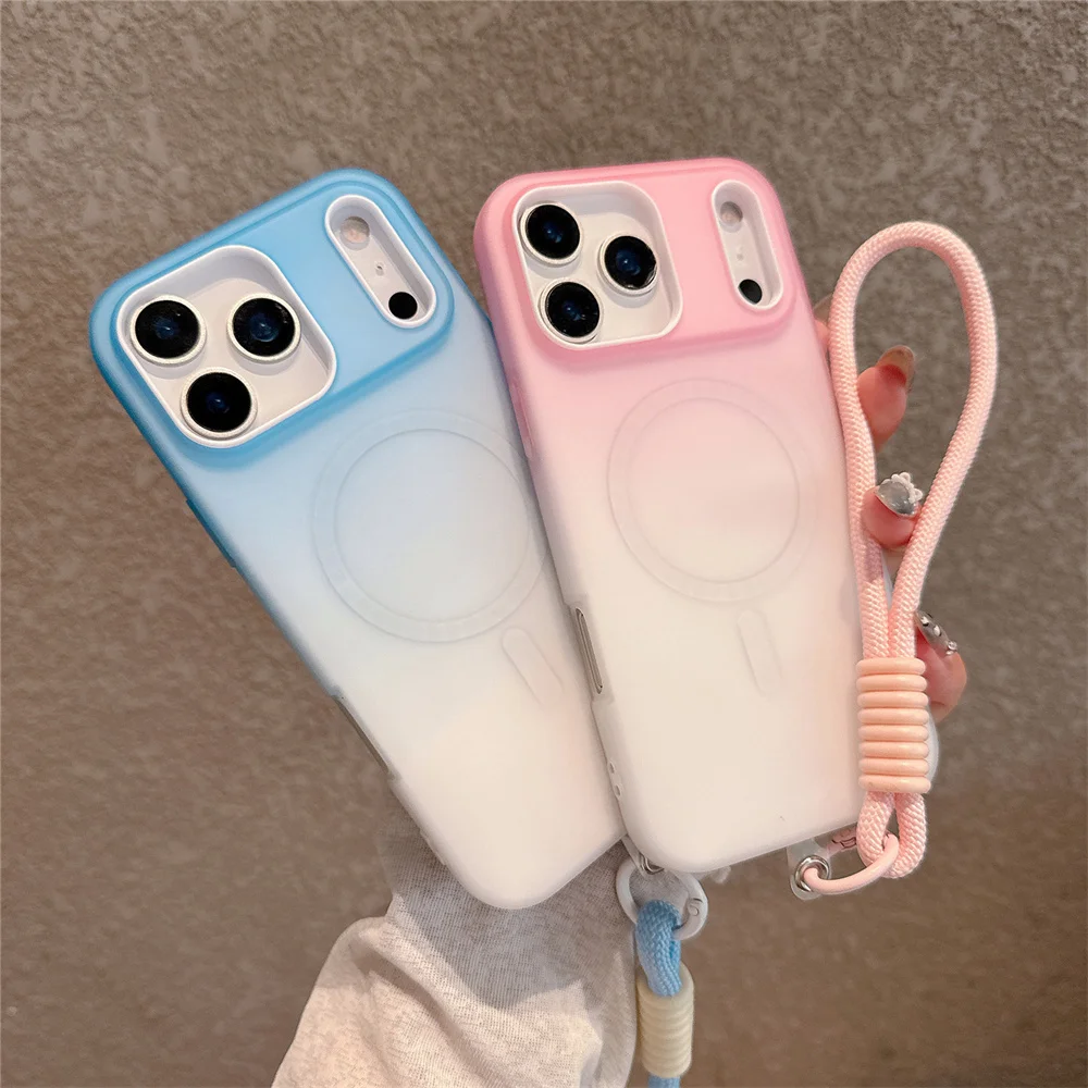 Funda protectora magnética para teléfono Magsafe, funda a prueba de golpes con correa de mano de Color degradado para iPhone 17 Air 16 15 14 13 12 Pro Max